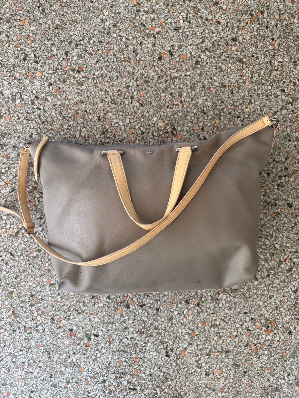 Tory Burch Limited Edition Gray Leather Tote with Tan Straps